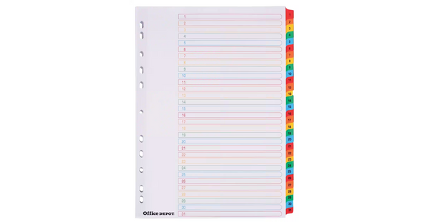 Dividers A4 Assorted 31 Part Perforated Card 1 to 31